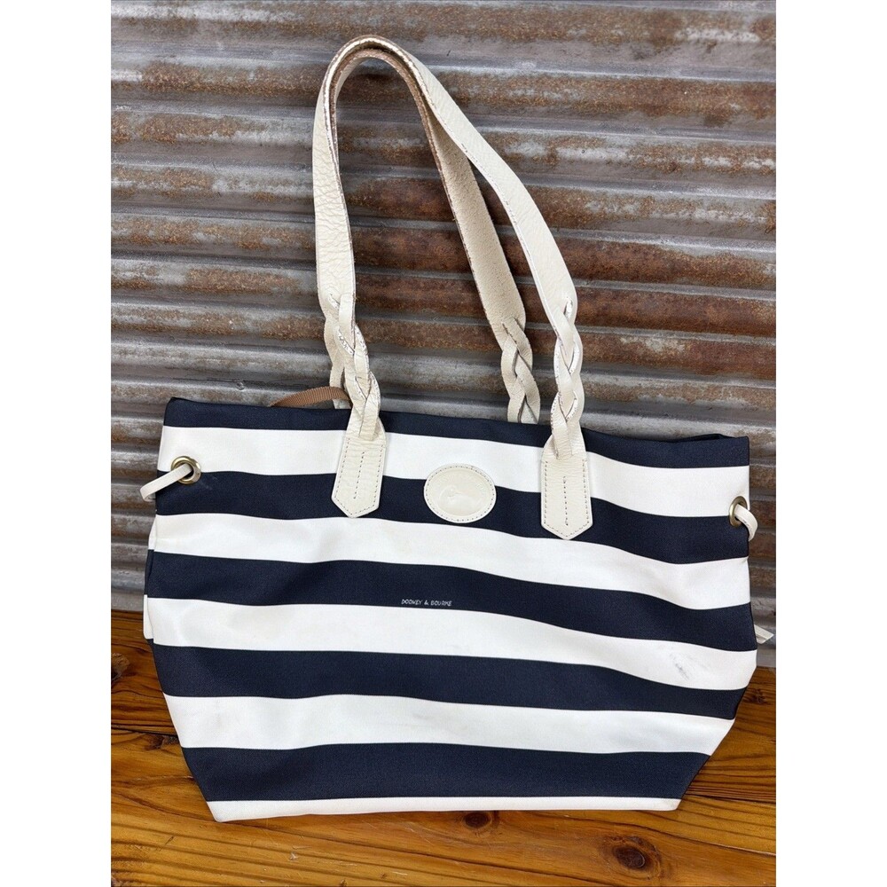 Dooney & Bourke Navy White Striped Tote Bag White Leather Trim Beach Nautical